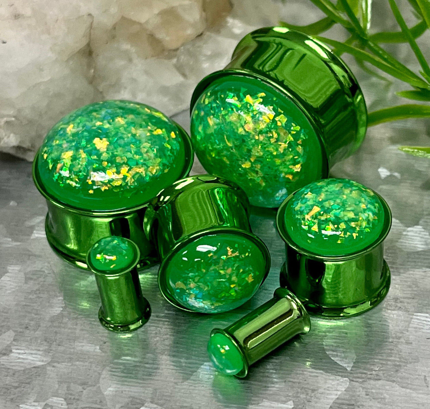 PAIR Green Synthetic Opal Titanium Tunnels Double Flare Plugs Earlets Gauges