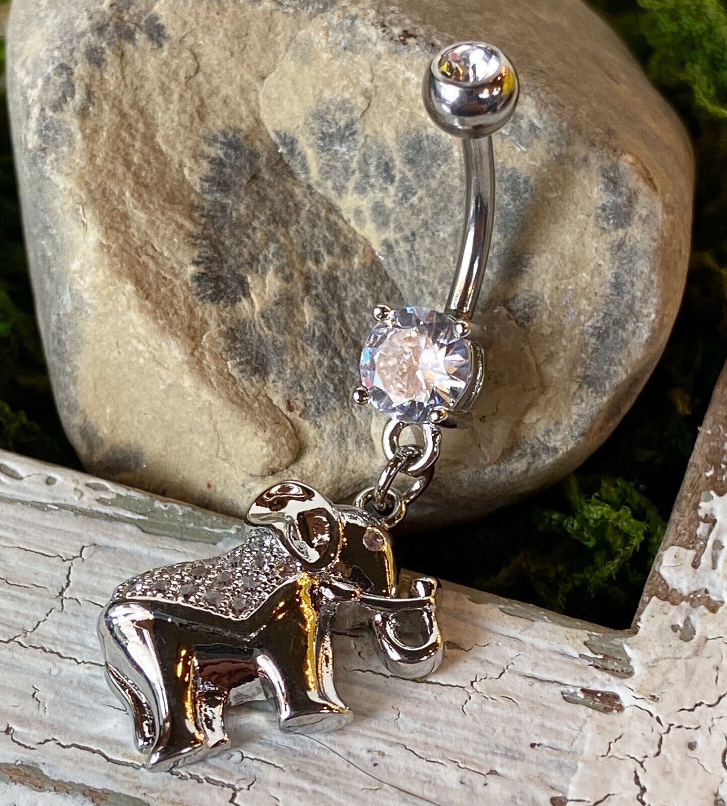 1pc CZ Gem Paved Elephant Dangle Belly Ring Pierced Navel Naval