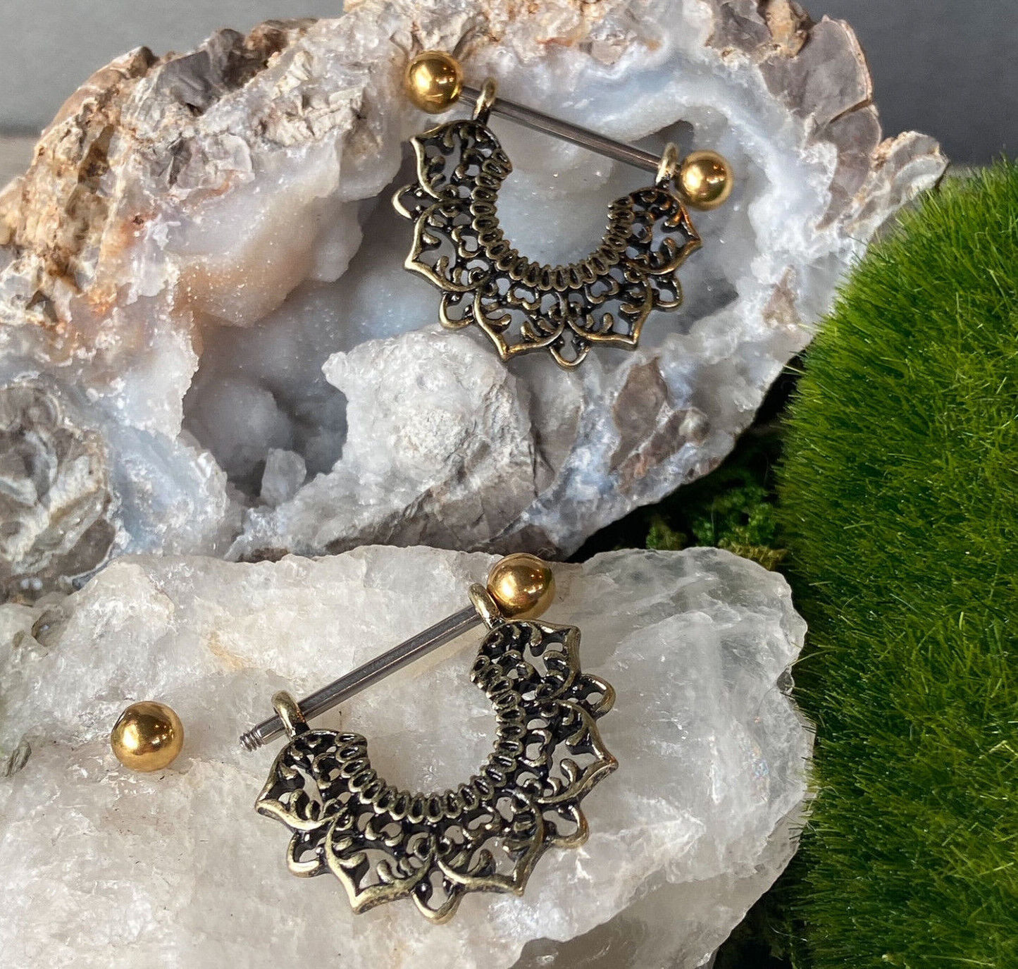 PAIR Filigree Flower Design Dangle Nipple Rings Shields Jewelry - Silver or Gold