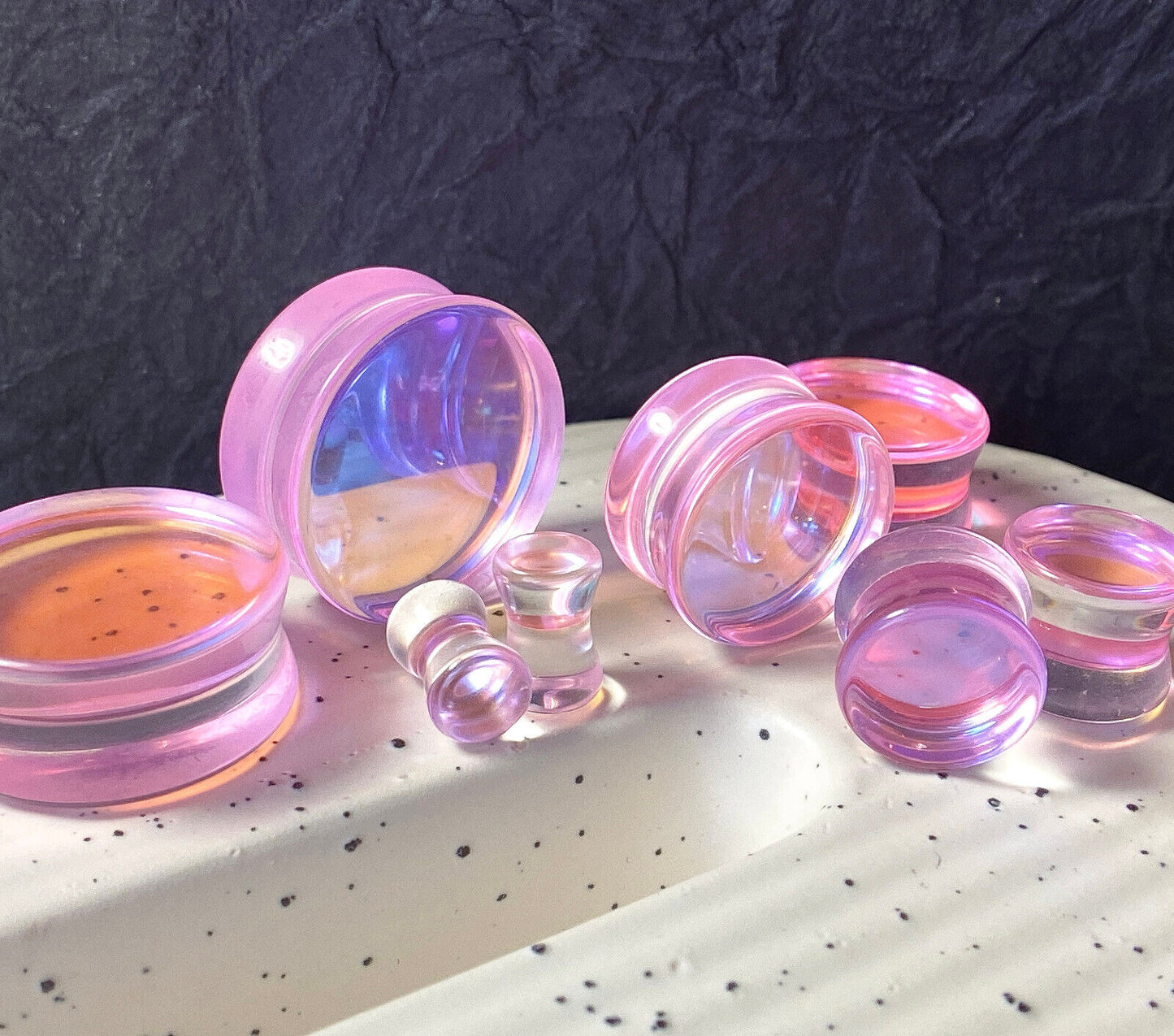 PAIR Pink Iridescent Glass Double Flare Plugs Gauges Tunnels Body Jewelry