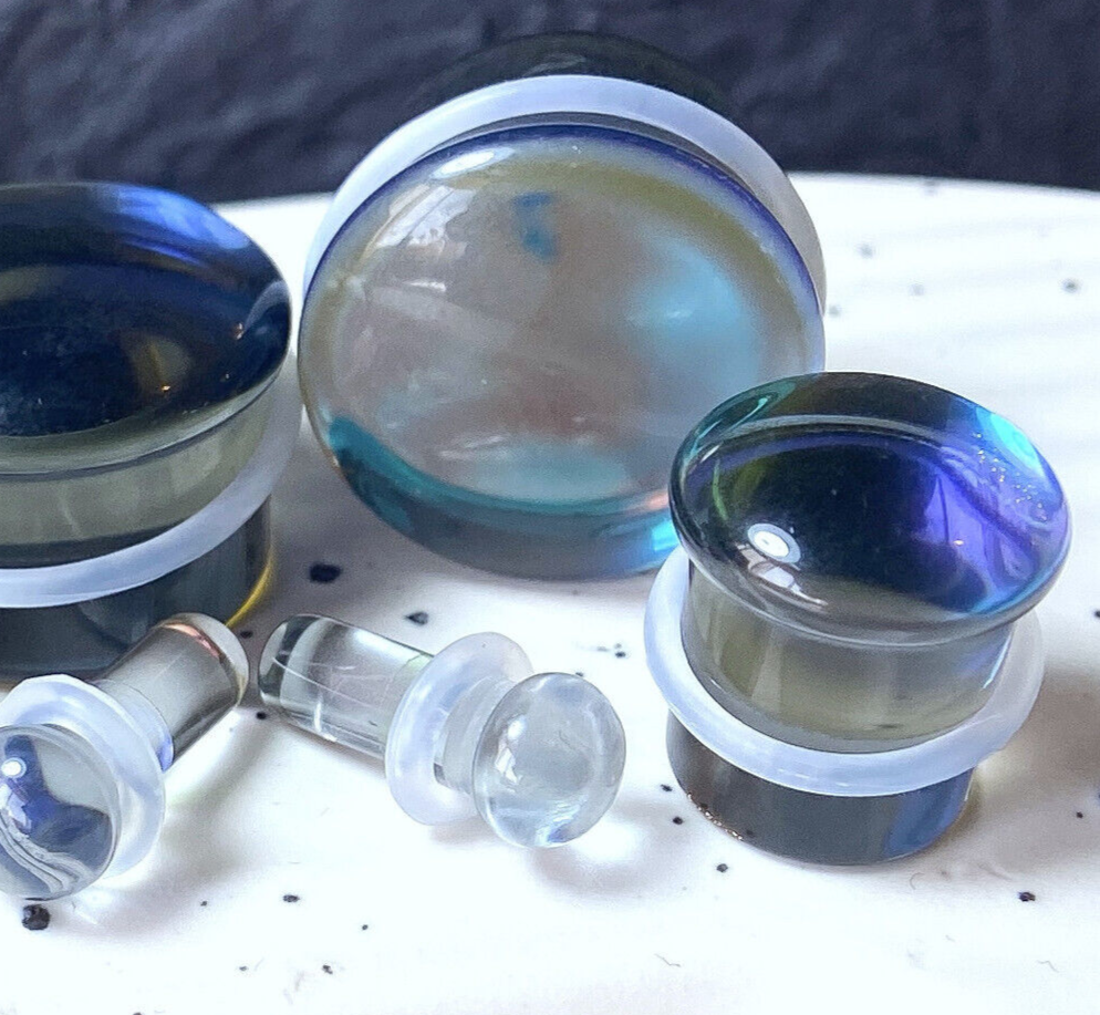 PAIR of Midnight Moonstone Glass Single Flare Plugs Tunnels Gauges Piercing Body Jewelry