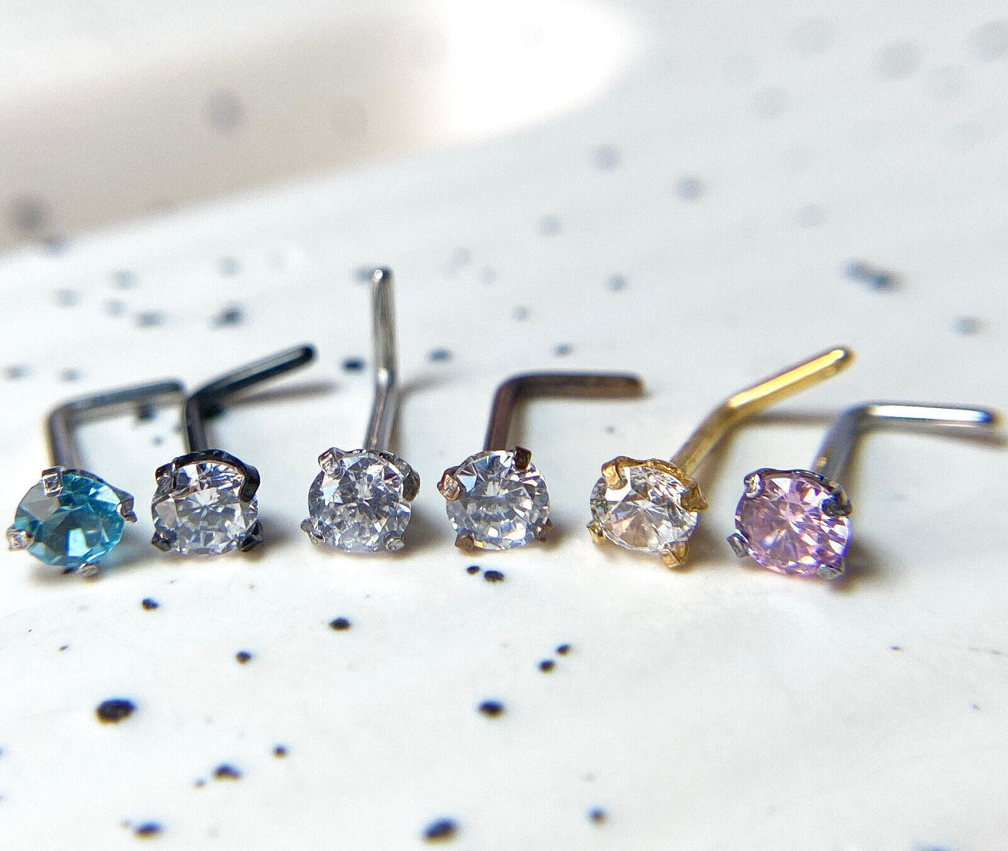 7pc Box Set L-Bend CZ Gem 20g Steel Nose Rings, includes Retainer