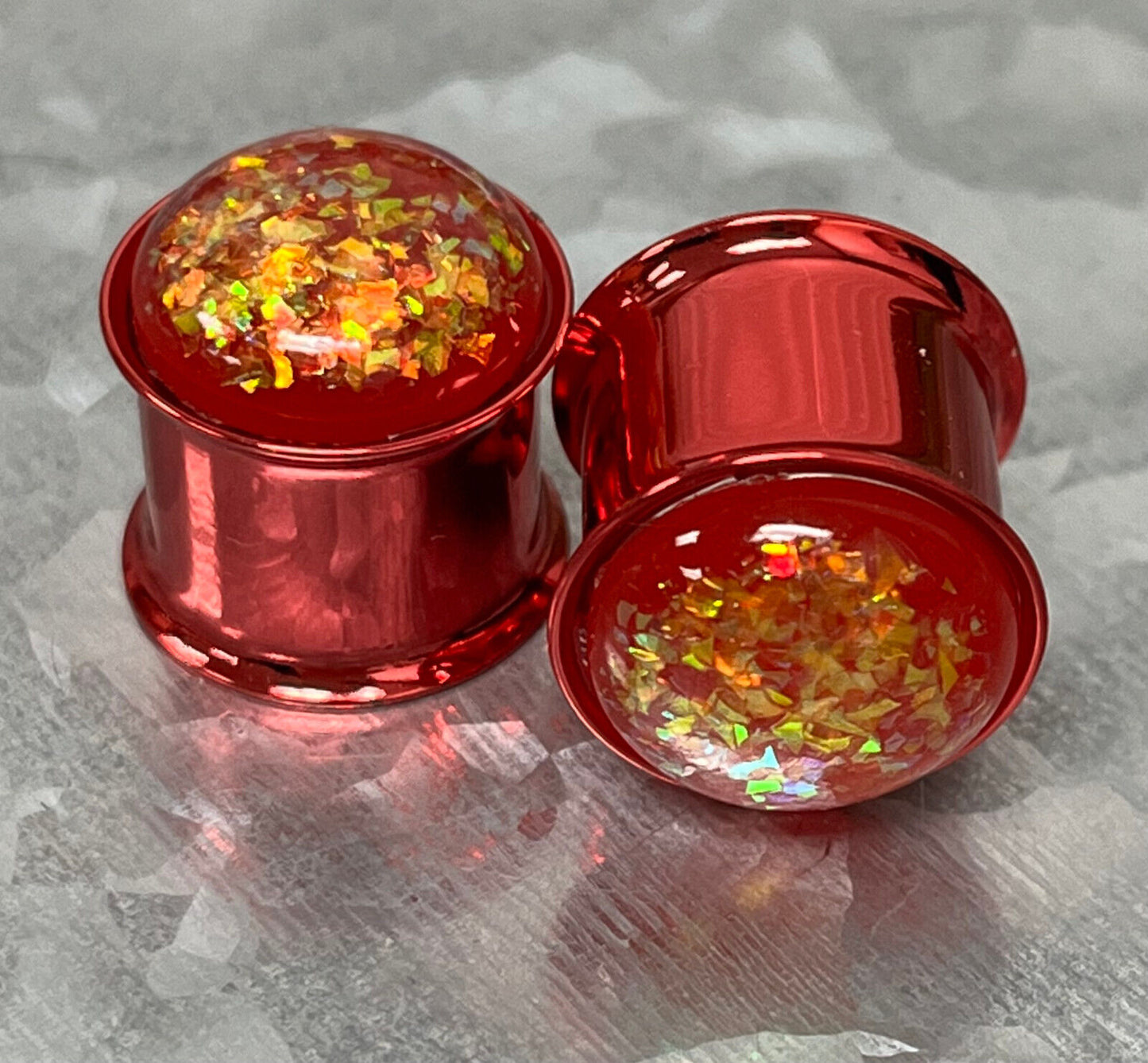 PAIR Red Synthetic Opal Titanium Tunnels Double Flare Plugs Earlets Gauges