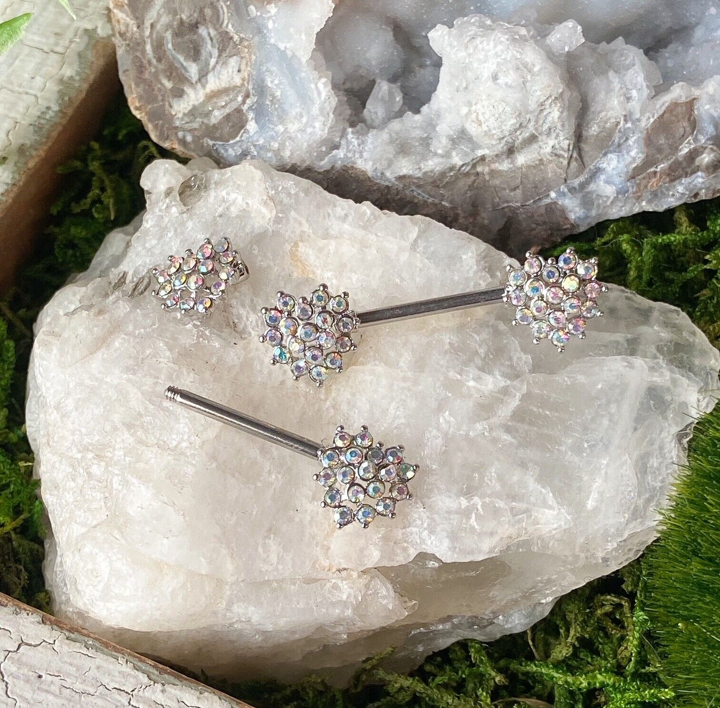 PAIR Crystal Paved Heart Ends Nipple Rings Barbell Shields Body Piercing Jewelry