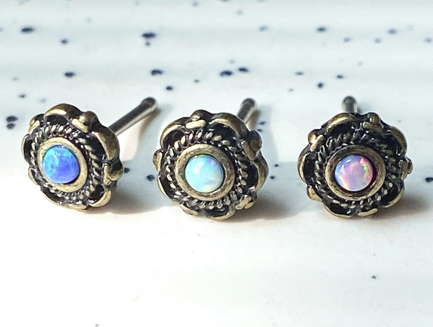1pc Opal Centered Floral Design Antique Gold or Silver Plated 20g Nose Ring Stud
