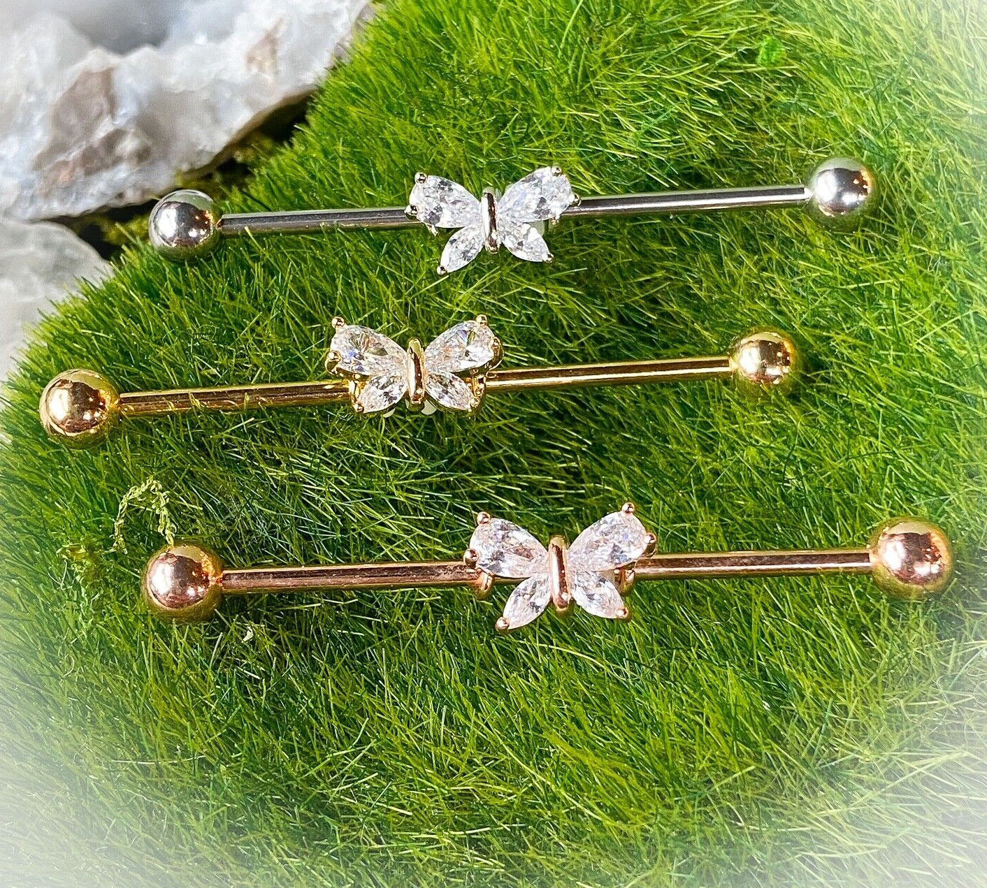1pc CZ Gem Butterfly Industrial Barbell 38mm, 1.5", 1 & 1/2 inch inches