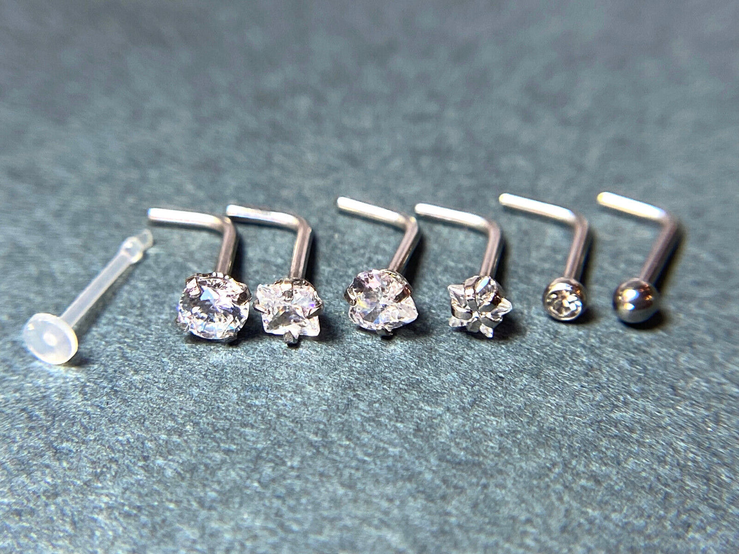 7pc Box Set L-Bend CZ Gem Shapes 20g Steel Nose Rings, includes Retainer
