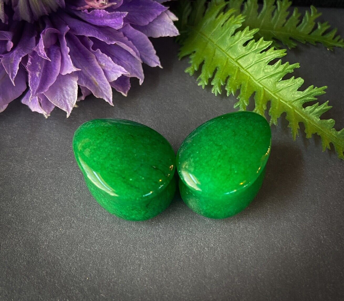 PAIR Dye Enhanced Real Green Jade Teardrop Stone Plugs Gauges Organic Piercing Body Jewelry
