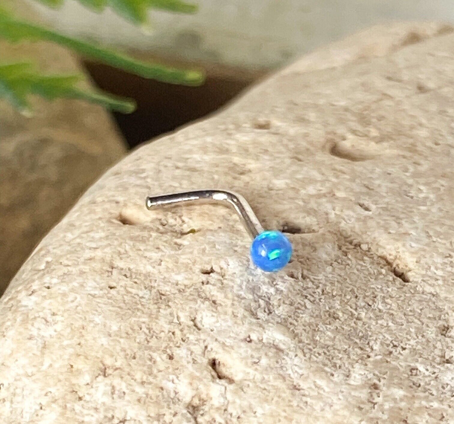 1pc 14kt White Gold 20g Opal Ball L-Bend Nose Ring Nostril Piercing Stud Screw