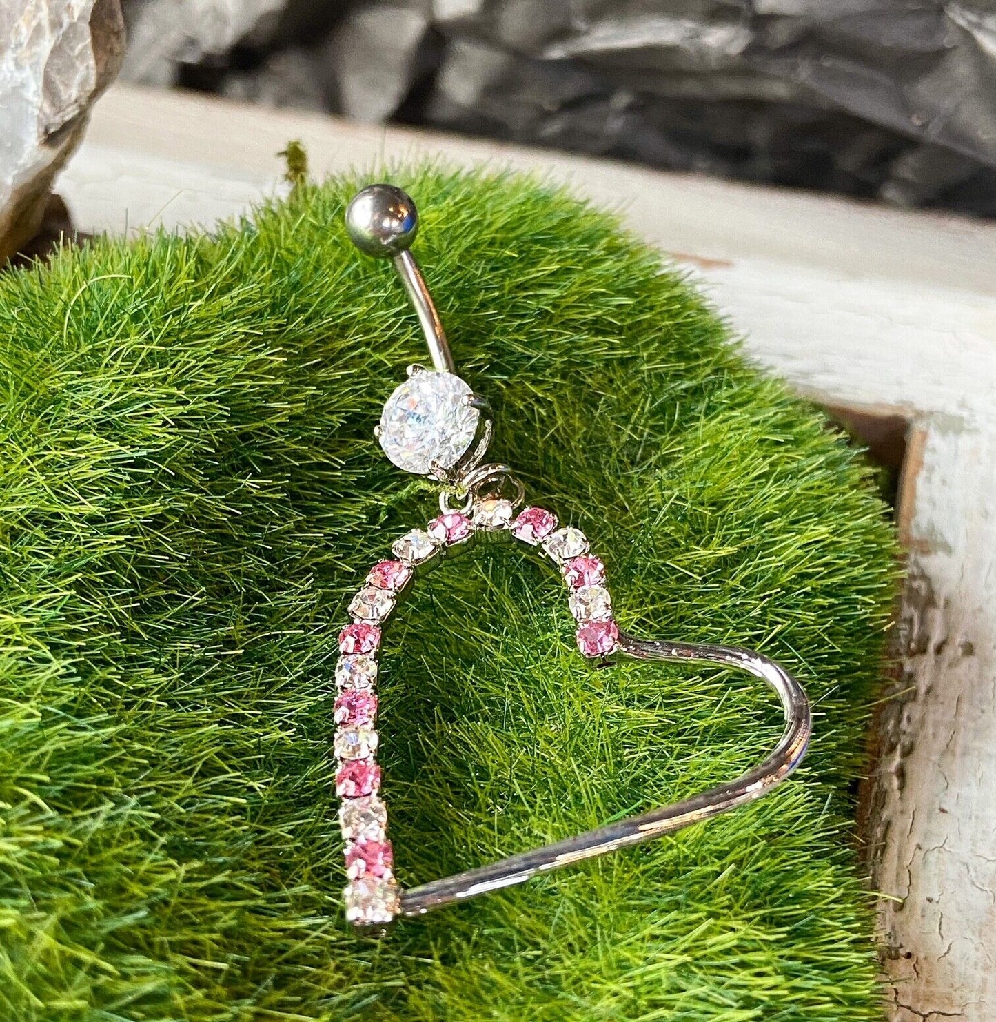 Heart Dangle CZ Gem Belly Ring Navel Piercing Pierced Naval Body Jewelry