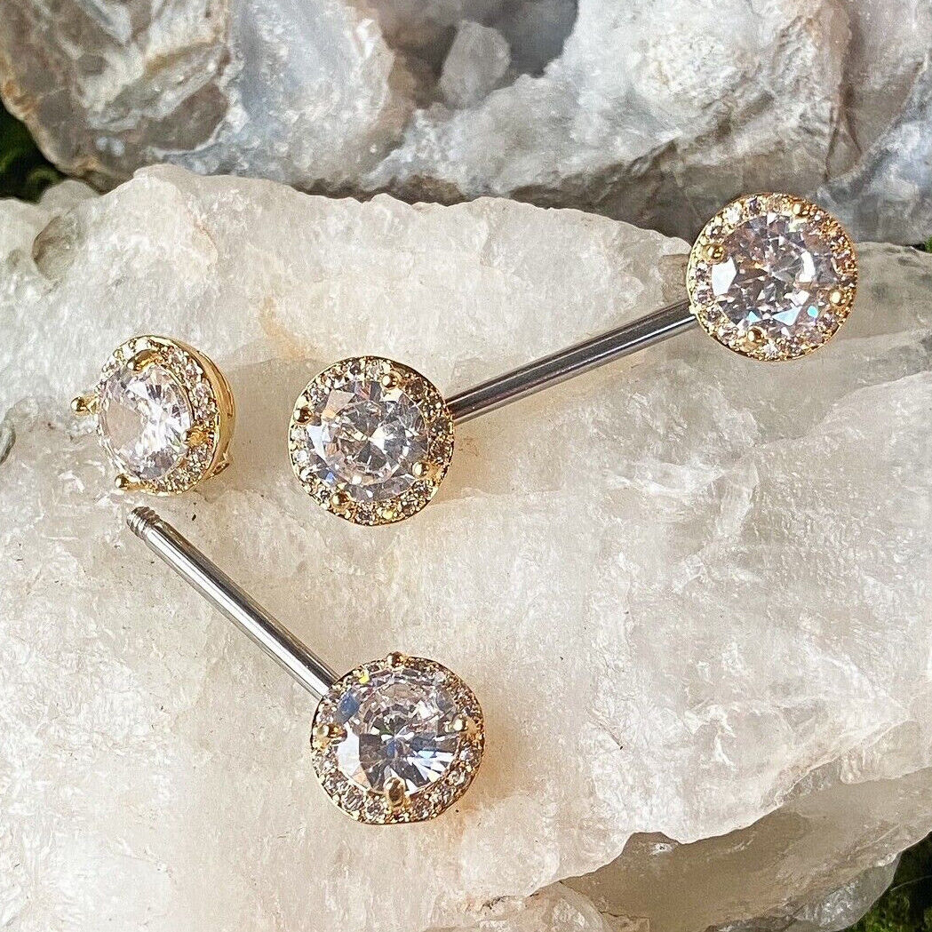 PAIR Paved CZ Gems Large Gem Center Nipple Rings Pierced Body Piercing Jewelry