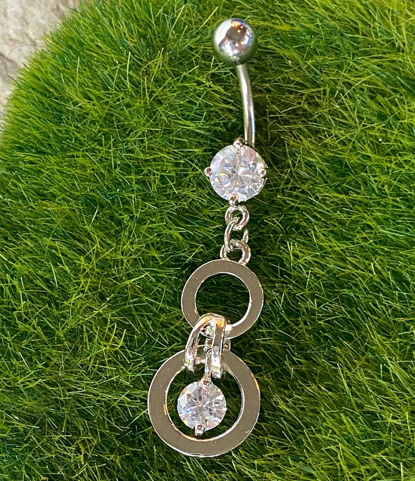Double Circle CZ Gem Dangle Belly Ring Navel Naval Clear, Pink, Aqua