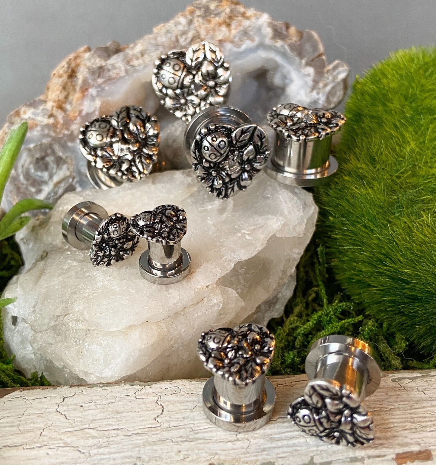 PAIR Heart, Flowers, Ladybug Steel Screw Fit Tunnels Ear Plugs Earlets Gauges