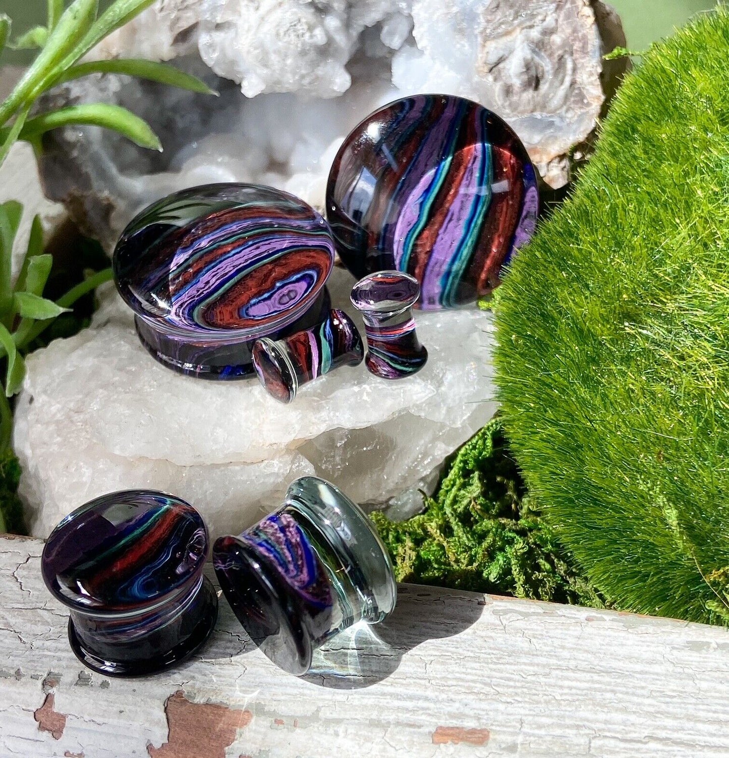 PAIR Rainbow Stripes Design Pyrex Glass Plugs Gauges Body Ear Piercing Jewelry