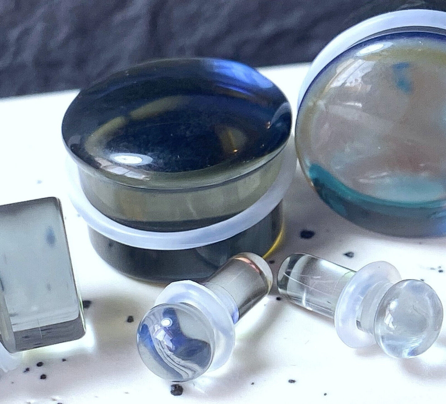 PAIR of Midnight Moonstone Glass Single Flare Plugs Tunnels Gauges Piercing Body Jewelry