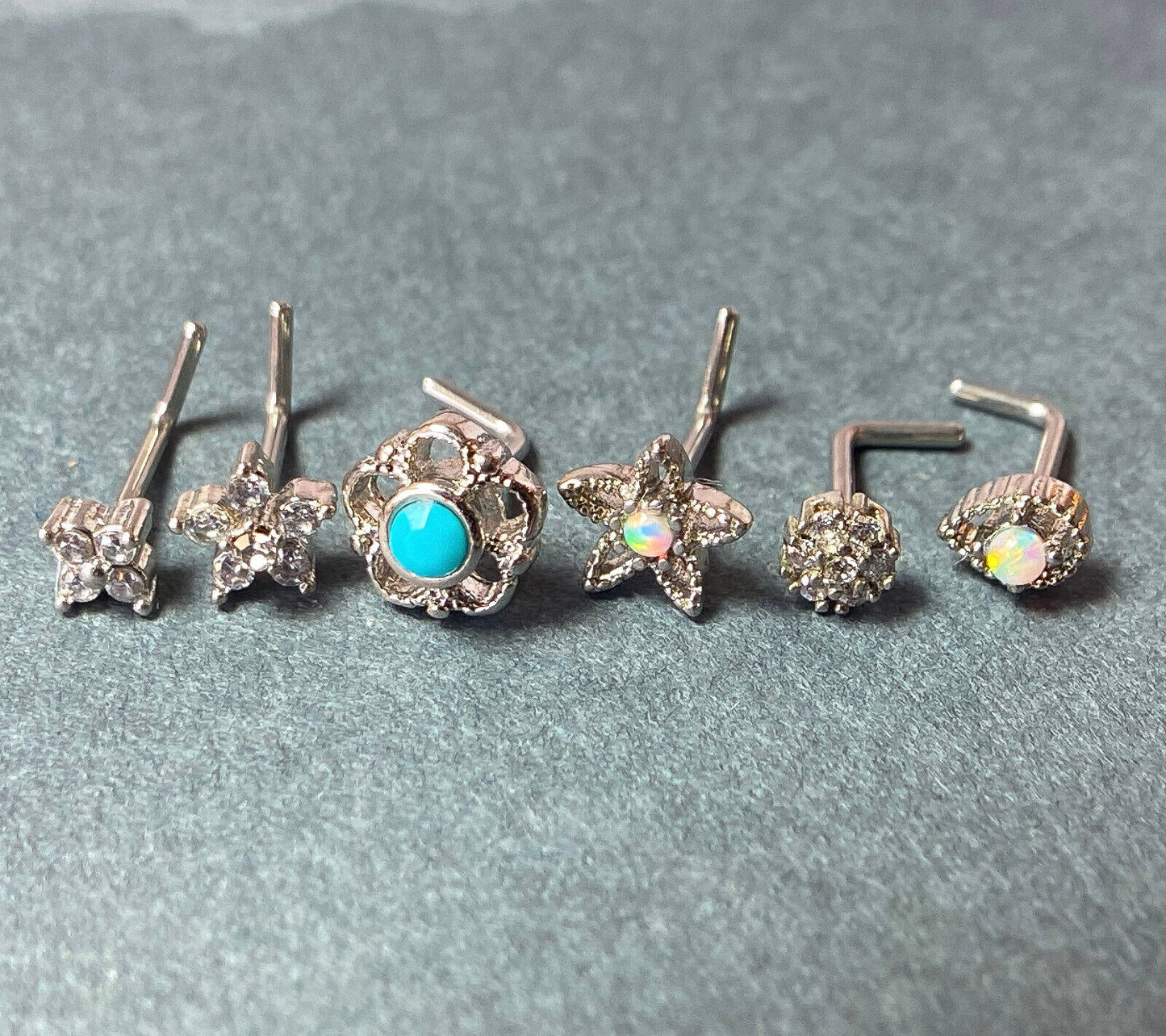 6pc Box Set Opal / Turquoise / CZ Gem Shapes 20g Steel L-Bend Nose Rings