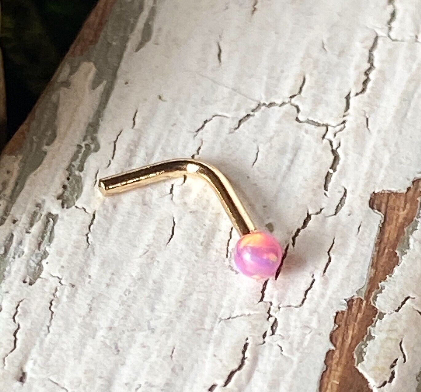 1pc 14kt Yellow Gold 20g Opal Ball L-Bend Nose Ring Nostril Piercing Stud Screw