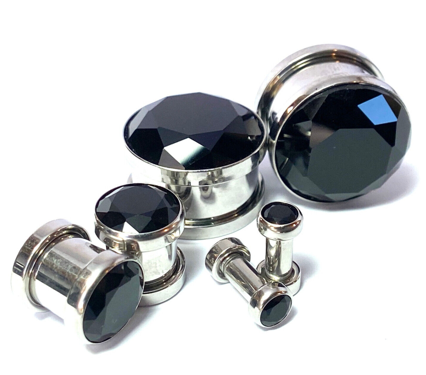 PAIR Large Black Gem Screw Fit Tunnel Plugs Gauges Pierced Body Jewelry Piercing