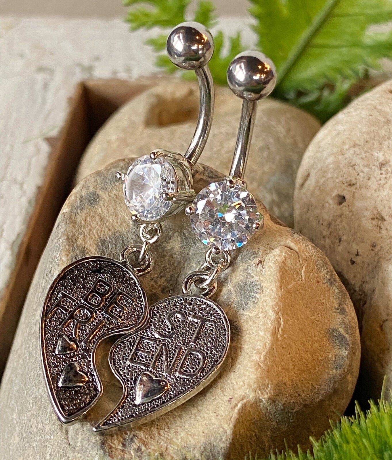 2pc Set of Best Friends Heart CZ Gem Belly Ring Set Pair Navel Piercing Naval