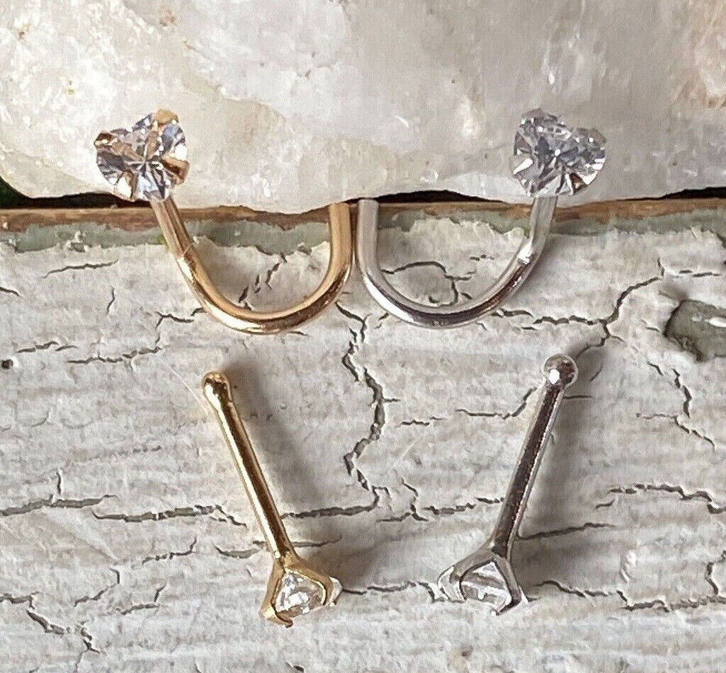 14kt Solid Gold Nose Ring w/CZ Gem Heart 20g 20 gauge stud screw bone white
