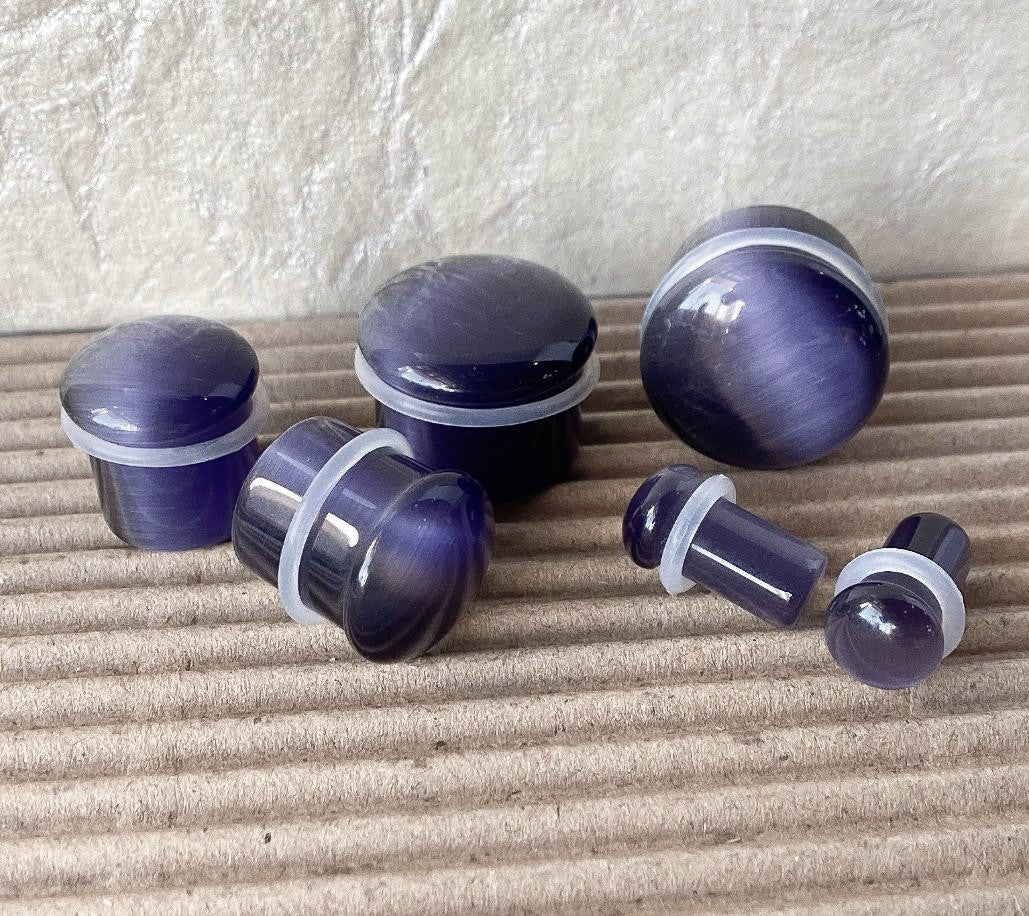 PAIR Violet Cat Eye Stone Plugs Single Flare Tunnels Earlets Gauges Body Jewelry