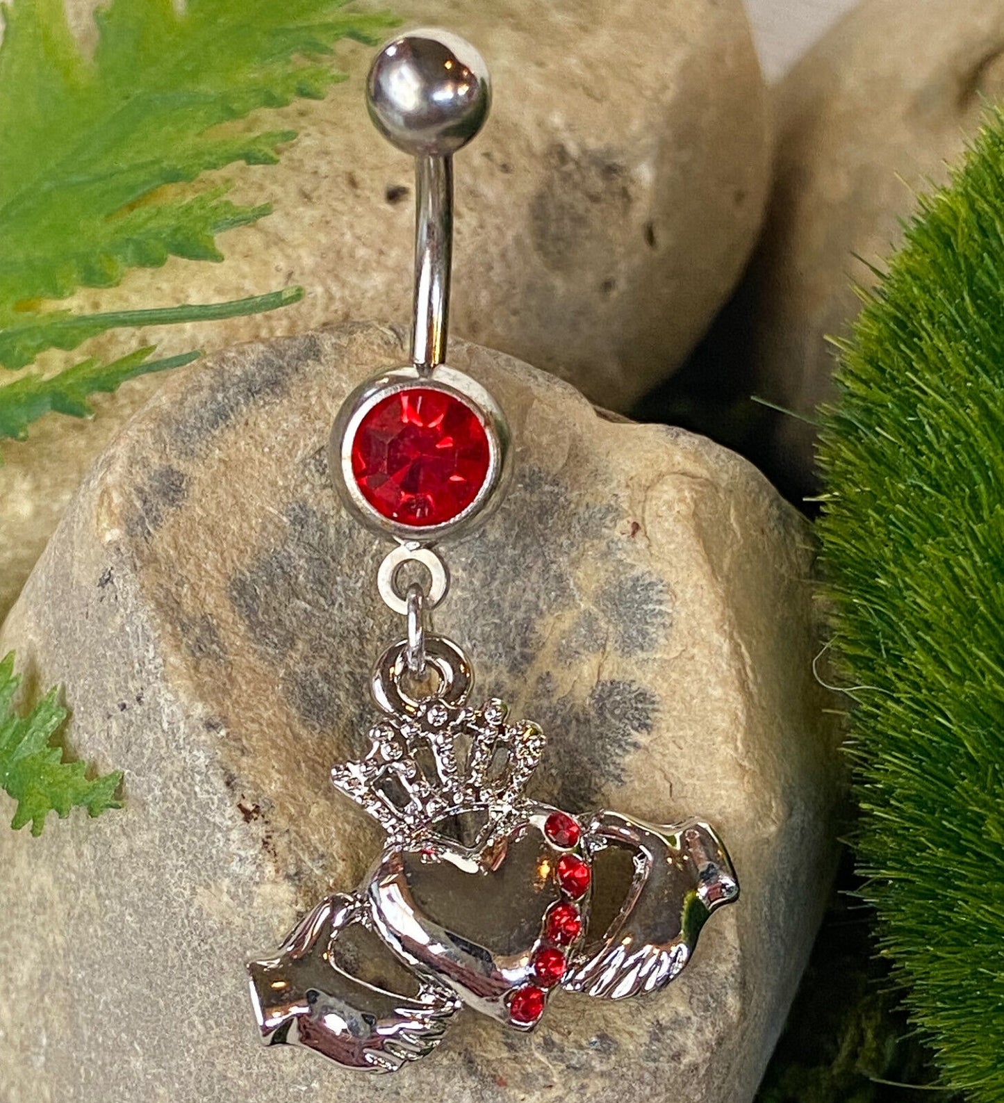 Irish Claddagh Dangle Gem Belly Ring Navel Naval Heart Crown