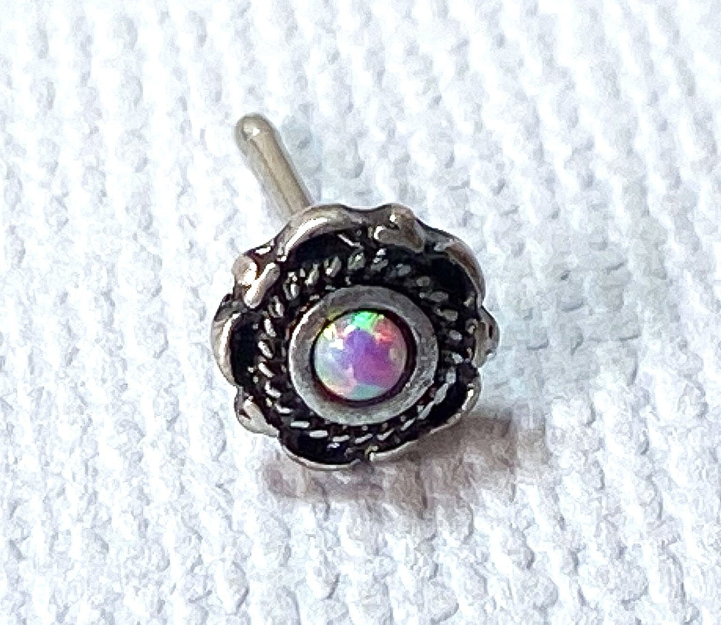 1pc Opal Centered Floral Design Antique Gold or Silver Plated 20g Nose Ring Stud