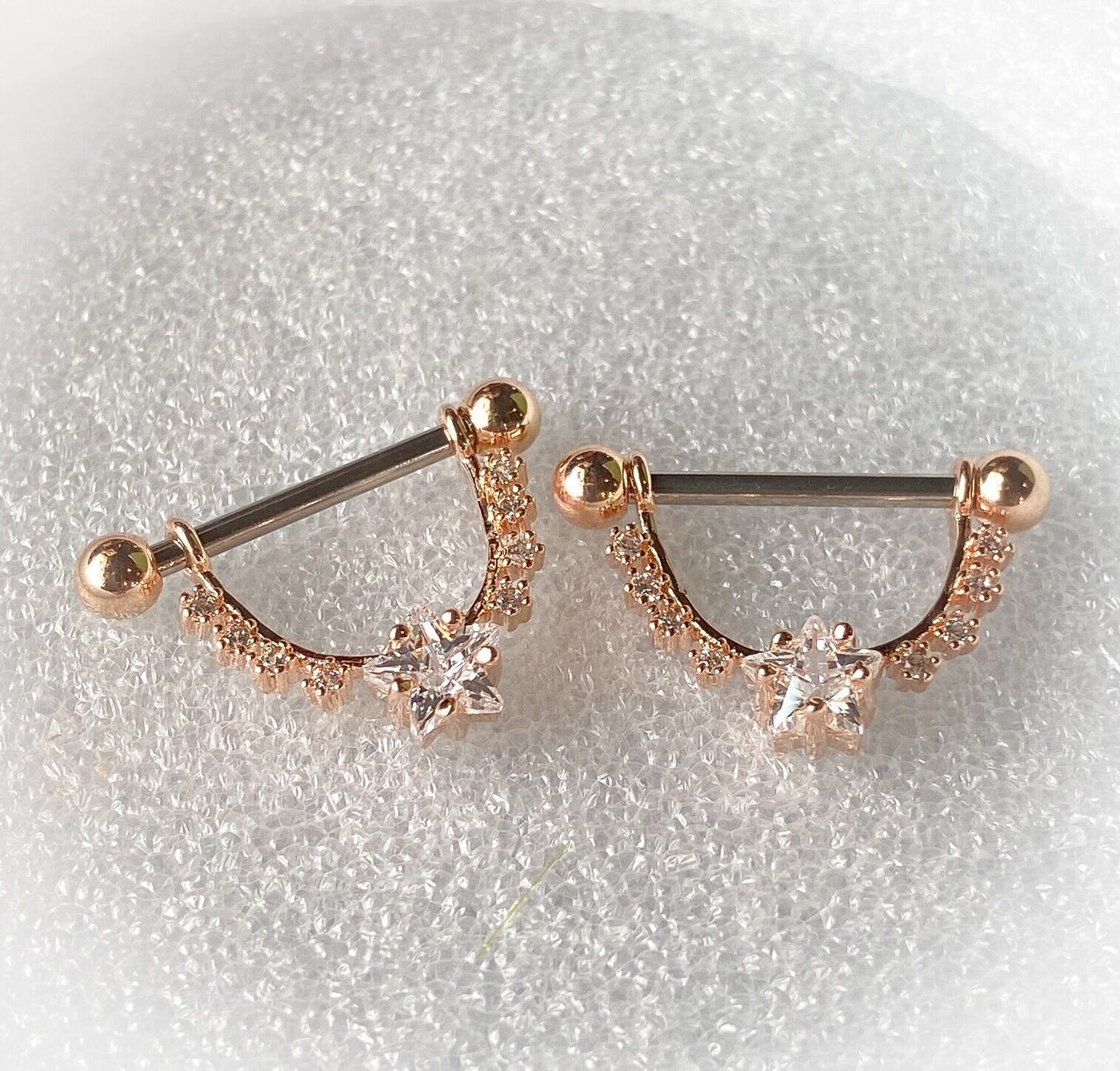 PAIR CZ Gem Star Center Dangle Nipple Ring Shields Pierced Body Piercing Jewelry