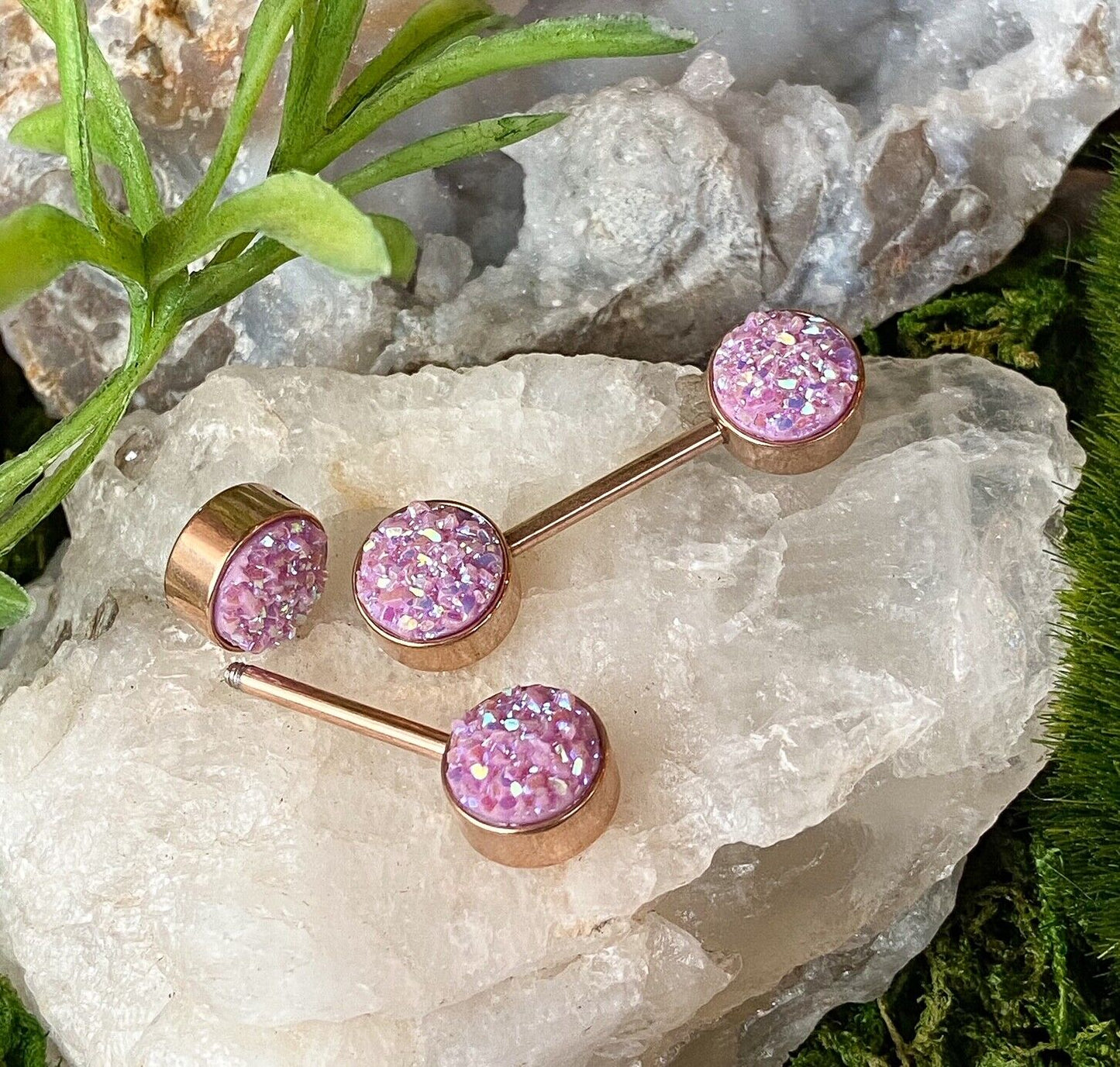 PAIR Iridescent Druzy Stone Rose Gold Nipple Ring Barbells Shields Body Jewelry
