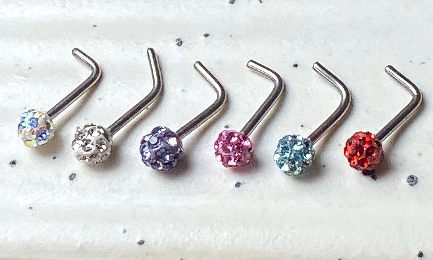 1pc Ferido Gem Ball L-Bend / Shape 20g Nose Ring Stud Screw 316L Surgical Steel