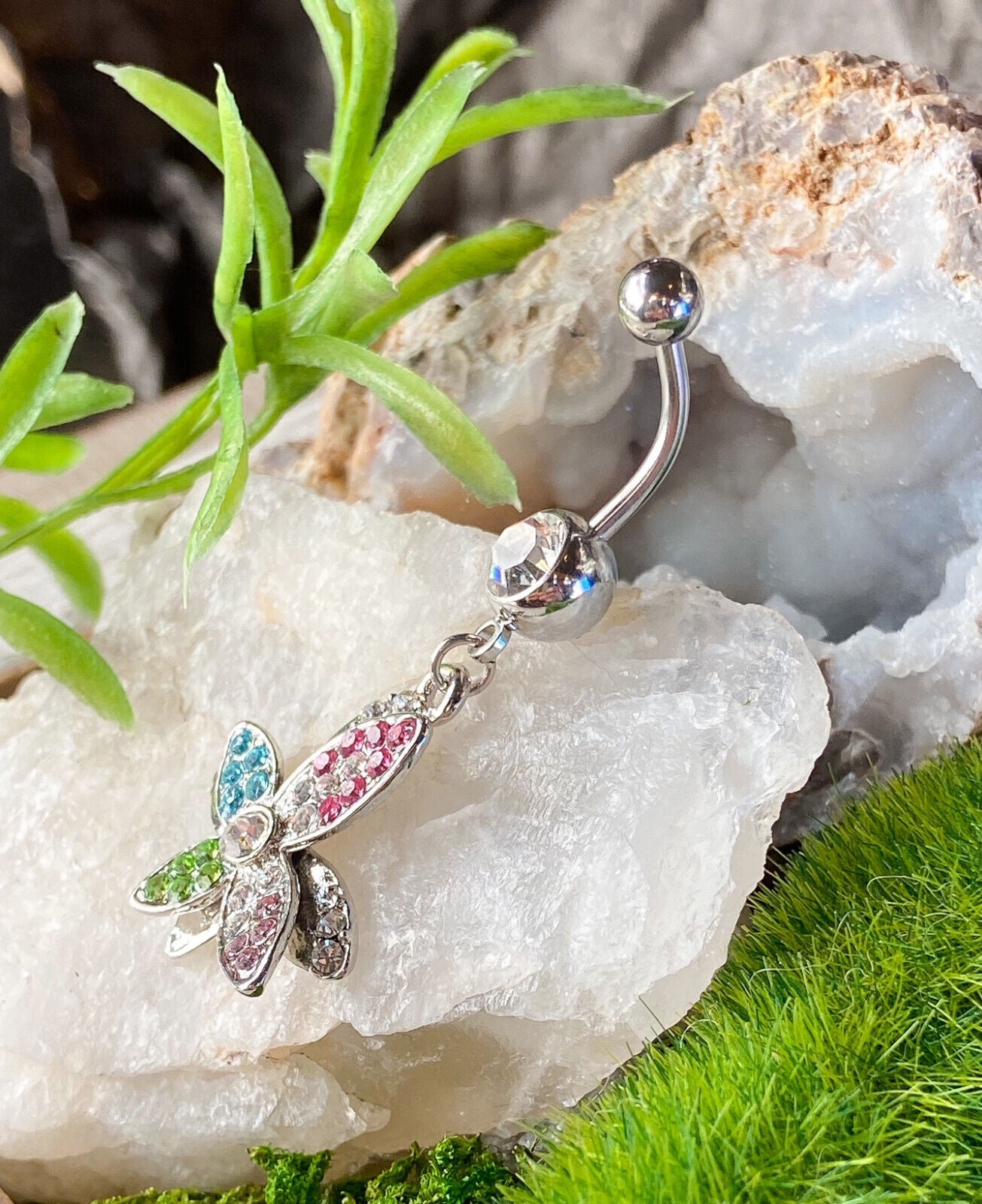 Butterfly Dangle Multicolor CZ Gems Belly Ring Navel Piercing Naval Jewelry