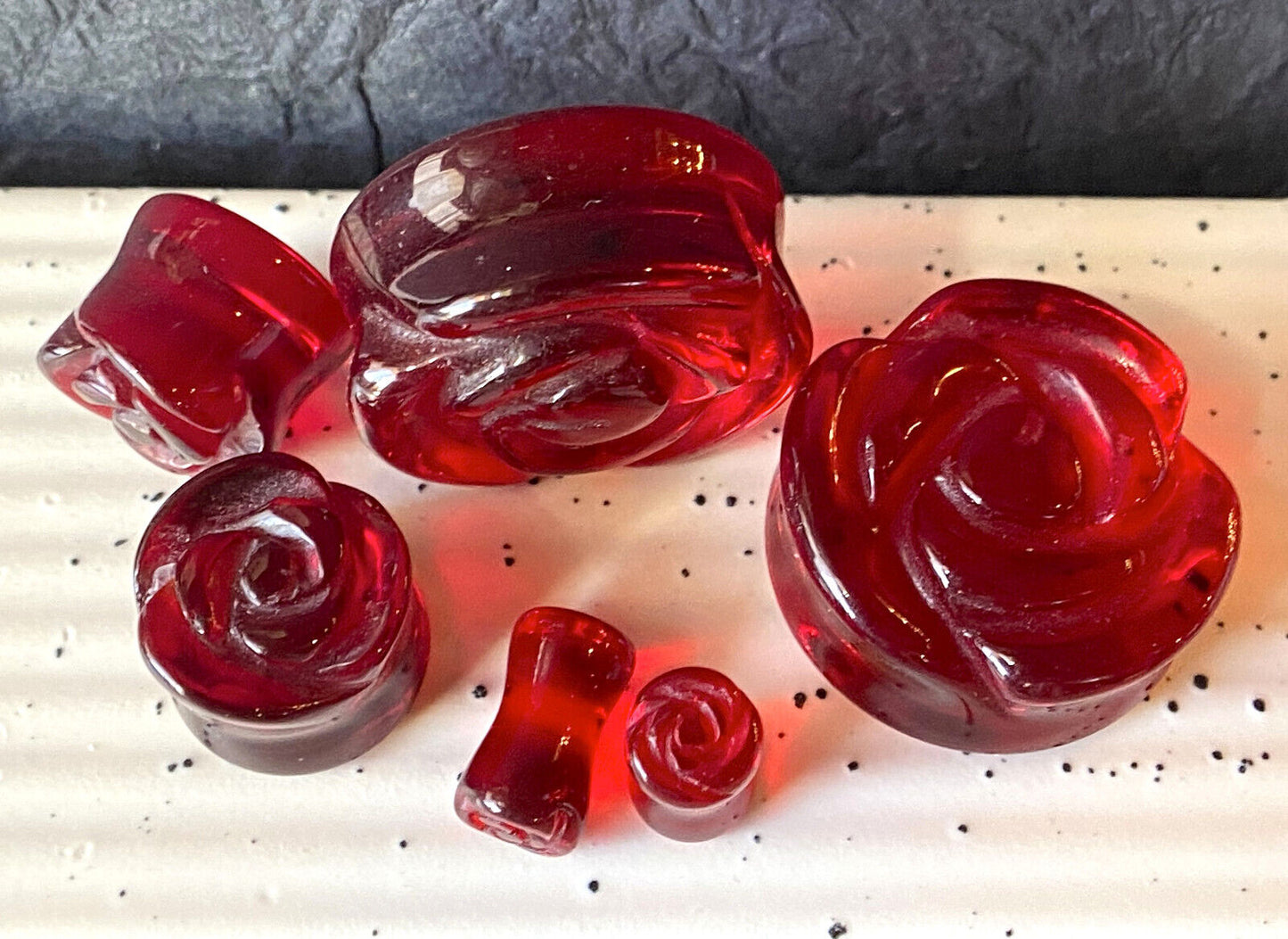 PAIR Carved Rose Flower Red Glass Double Flare Plugs Gauges Tunnels Jewelry