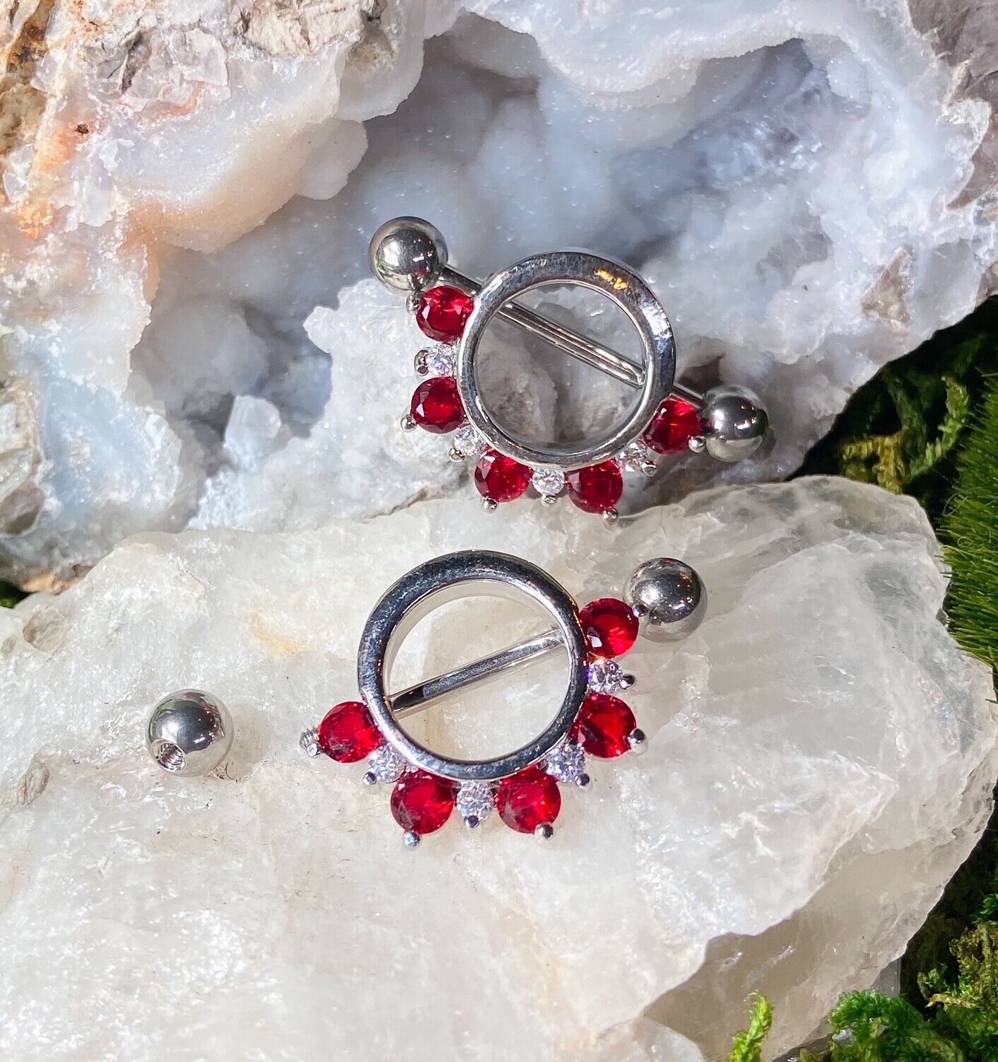 PAIR Half Circle CZ Gem Lined 316L Surgical Steel Nipple Shields Rings Jewelry