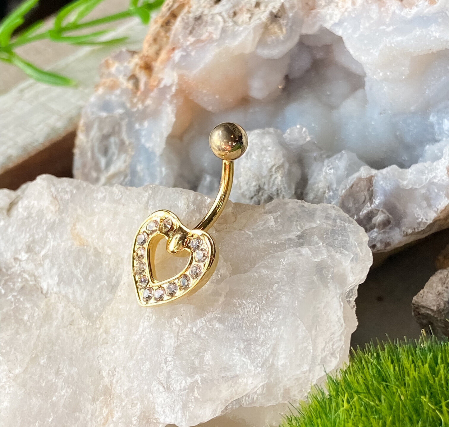 Gold Heart Paved CZ Gem Belly Ring Navel Piercing Pierced Naval Body Jewelry