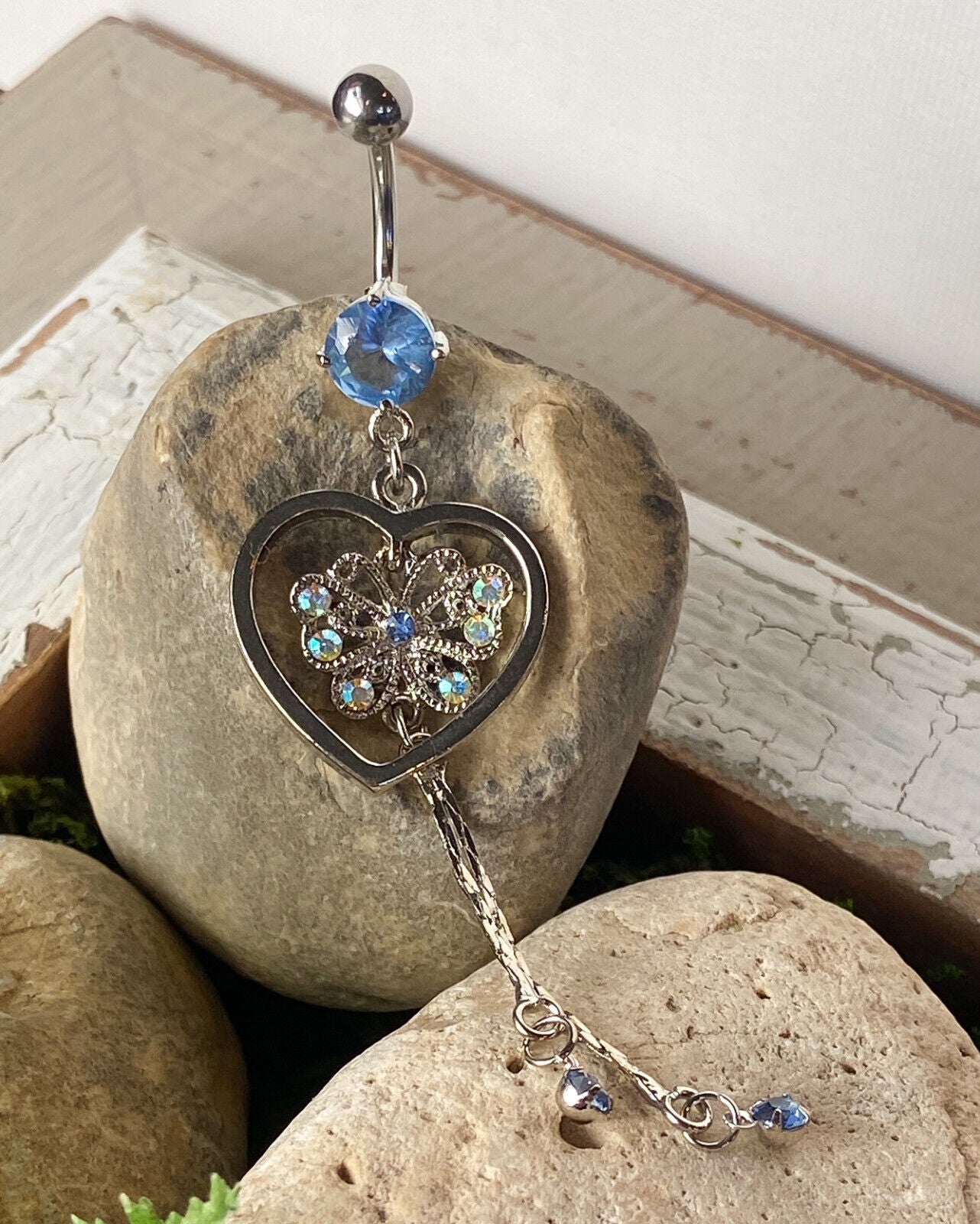 Heart Butterfly Chain Belly Ring Navel Piercing Pierced Naval CZ Gem