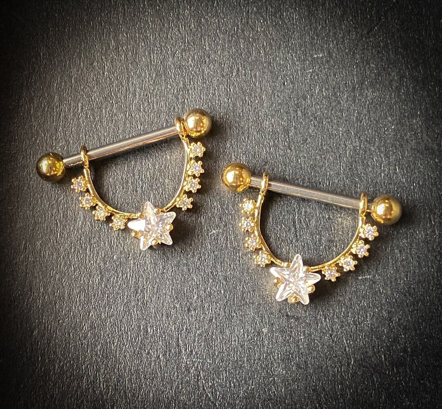 PAIR CZ Gem Star Center Dangle Nipple Ring Shields Pierced Body Piercing Jewelry