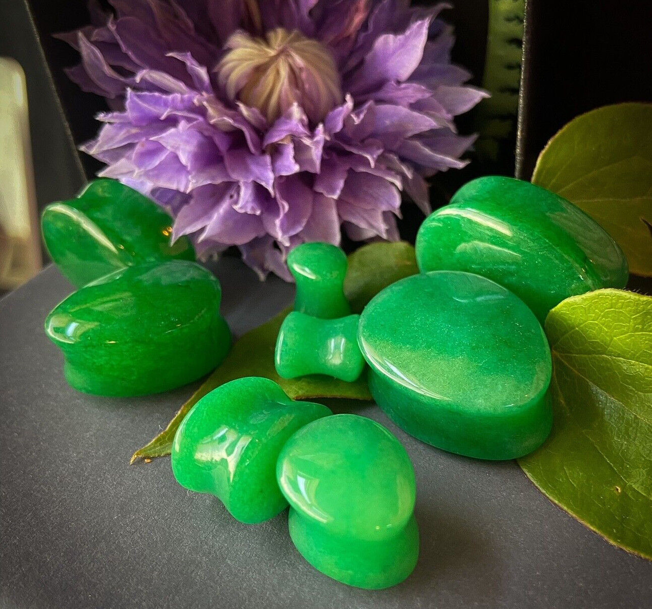 PAIR Dye Enhanced Real Green Jade Teardrop Stone Plugs Gauges Organic Piercing Body Jewelry