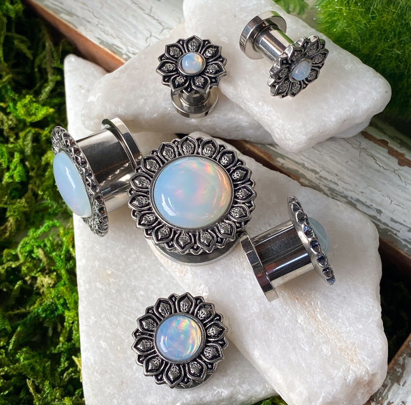 PAIR Flower w/ Opalite Center Steel Screw Fit Tunnels Gauges Plugs Body Jewelry