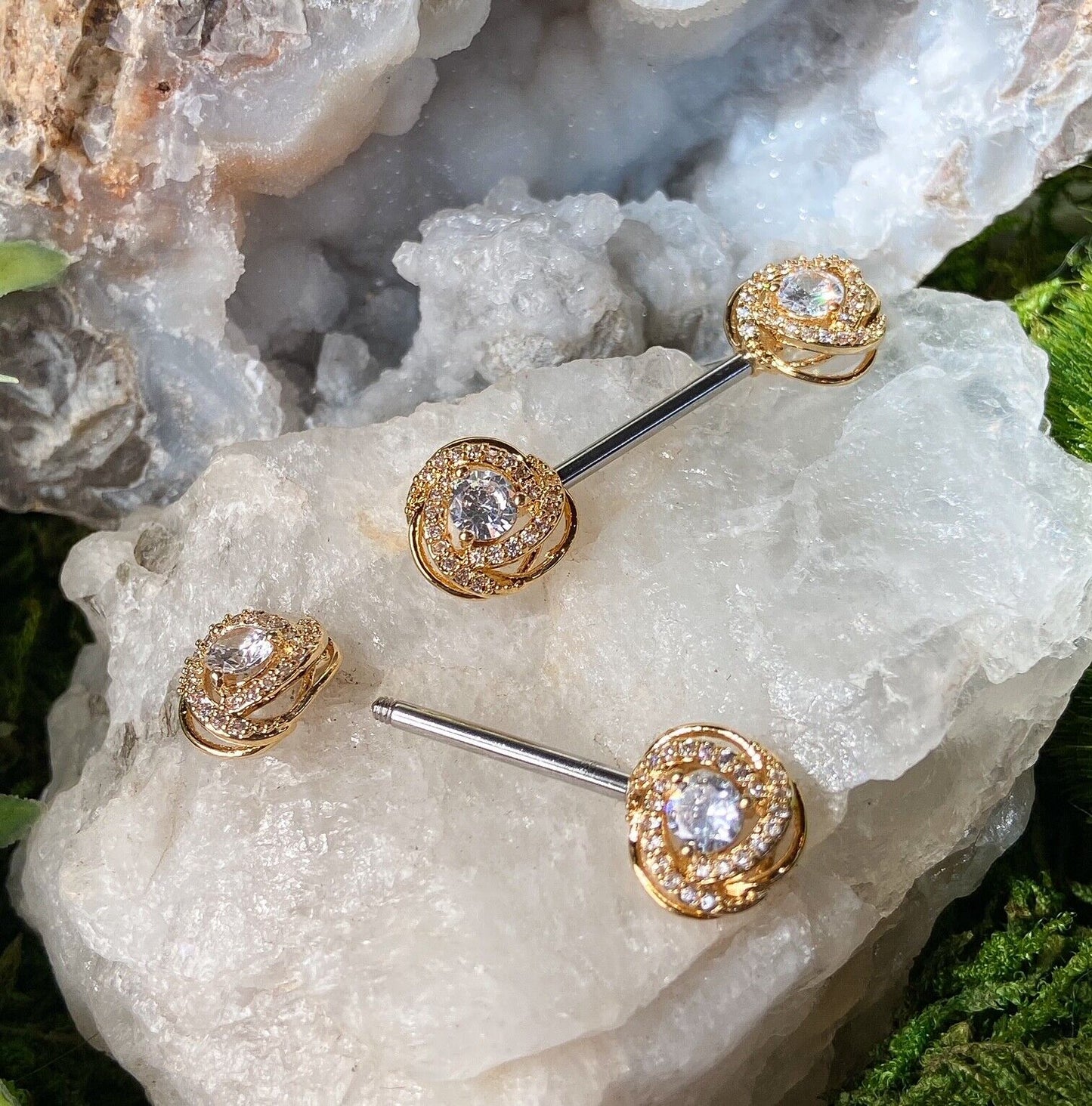 PAIR CZ Paved Rose Blossom End Nipple Rings Shield Pierced Body Piercing Jewelry