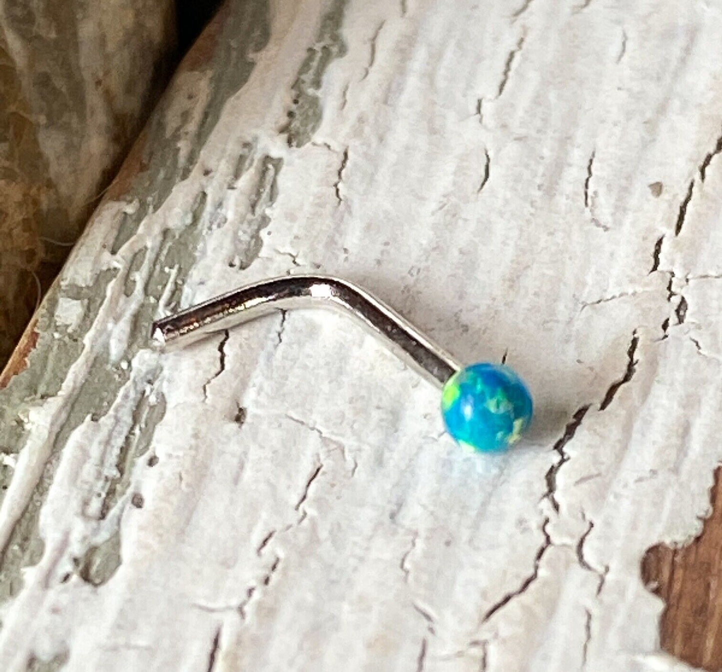 1pc 14kt White Gold 20g Opal Ball L-Bend Nose Ring Nostril Piercing Stud Screw