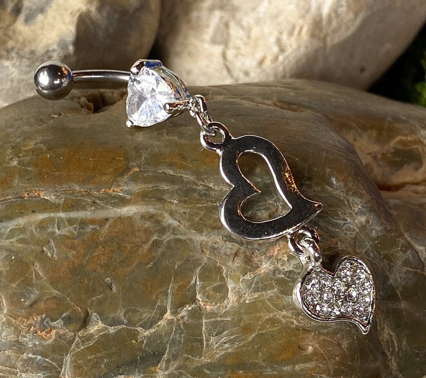 Heart Dangle Paved CZ Gem Belly Ring Navel Piercing Pierced Naval