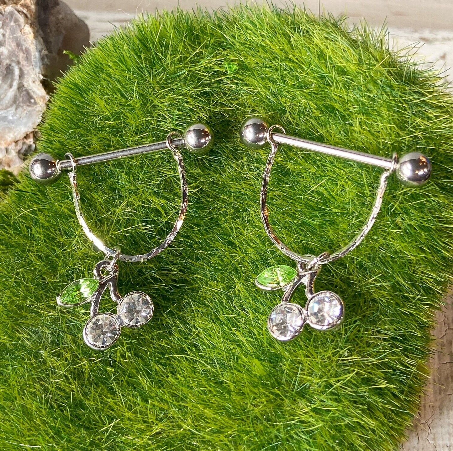 PAIR Nipple Rings Cherry Gem Dangle Barbells Cherries Shields Piercing Jewelry
