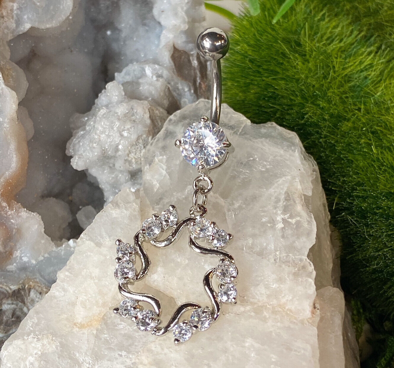 Star Circle CZ Clear Gem Dangle Belly Ring Navel Piercing Pierced Naval Jewelry