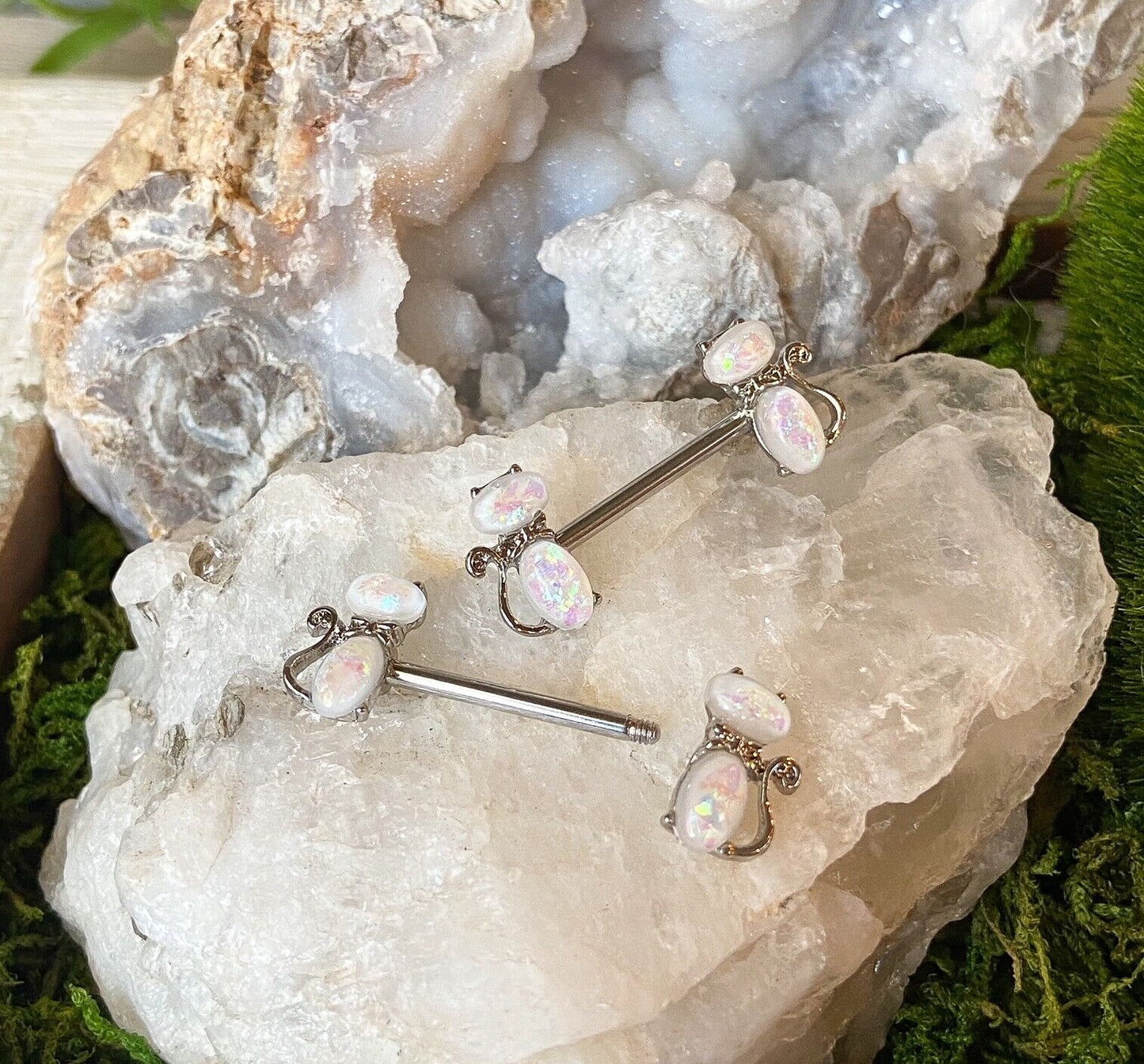 PAIR Opal Glitter Cat Nipple Rings Kitty Shields 316L Surgical Steel Barbells