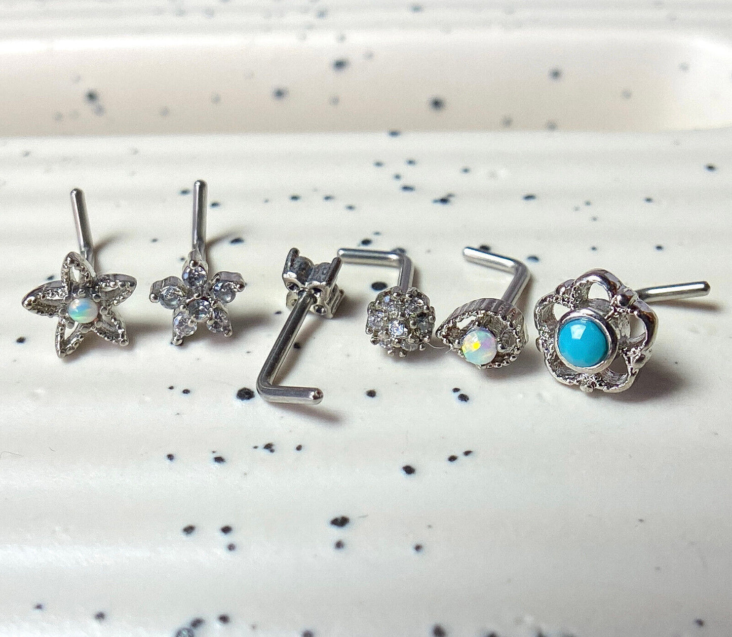 6pc Box Set Opal / Turquoise / CZ Gem Shapes 20g Steel L-Bend Nose Rings