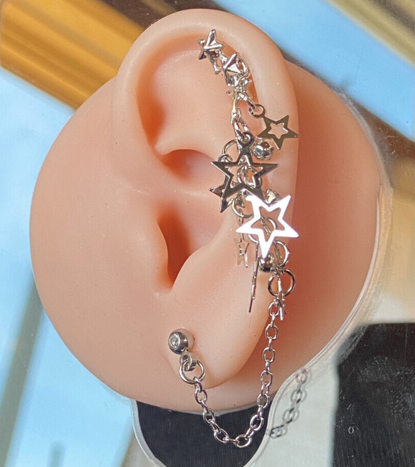 Triple Star Steel Chain Linked Stars Tragus Ring with Cartilage Helix Barbell