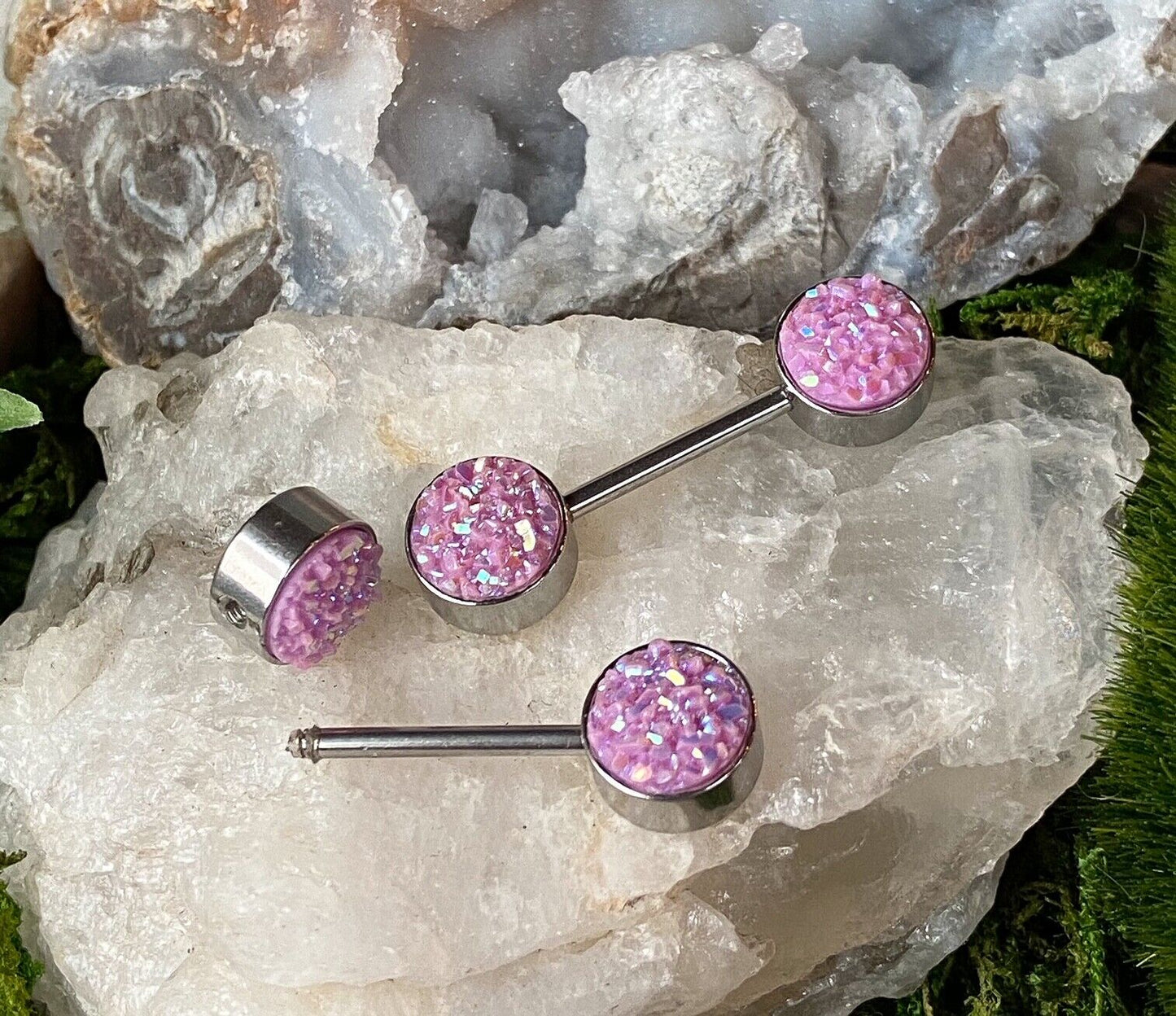 PAIR Iridescent Druzy Stone Ends Nipple Ring Barbells Shields Steel Body Jewelry