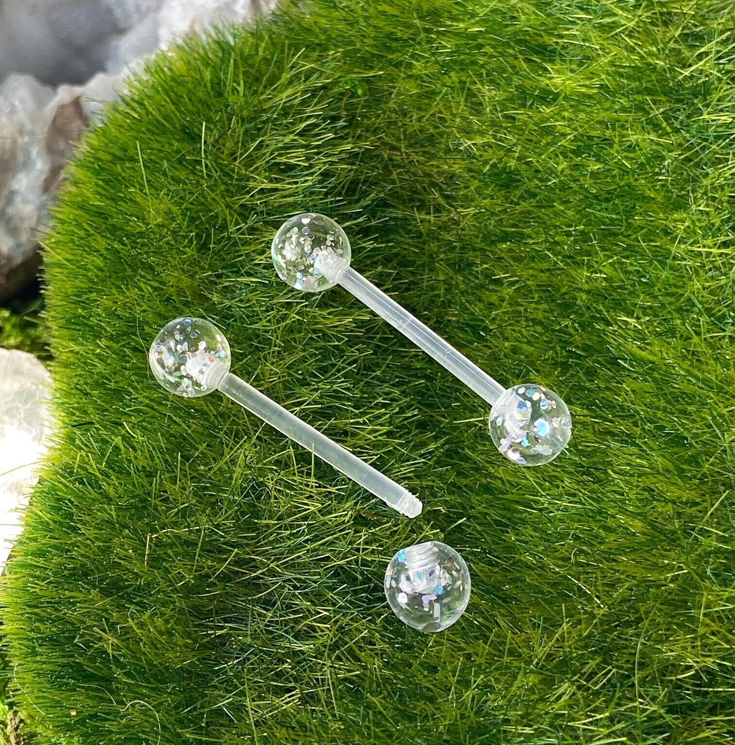 PAIR Flexible Barbell Nipple or Tongue Rings PTFE Ultra Glitter Style NO METAL