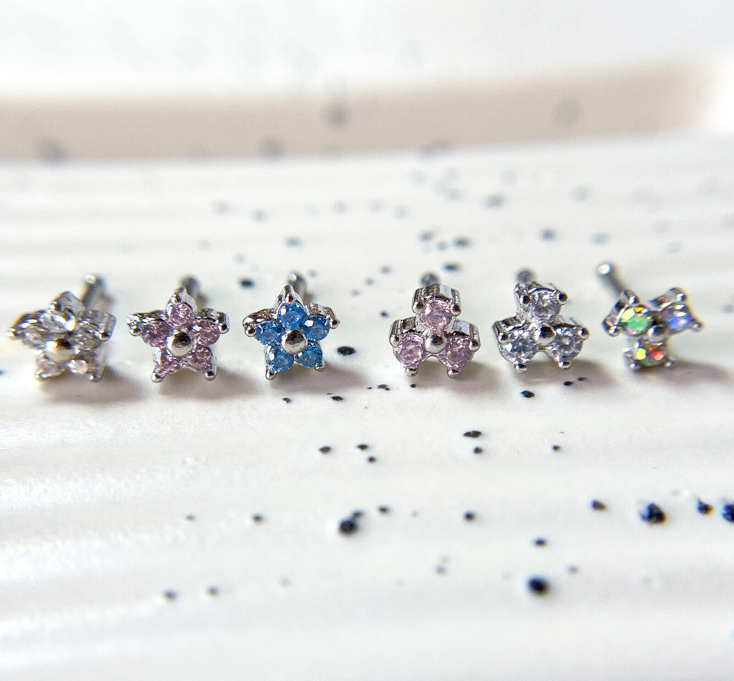 6pcs Box Set Triangle & Flower CZ Gem Nose Stud Bone Rings 20g Steel