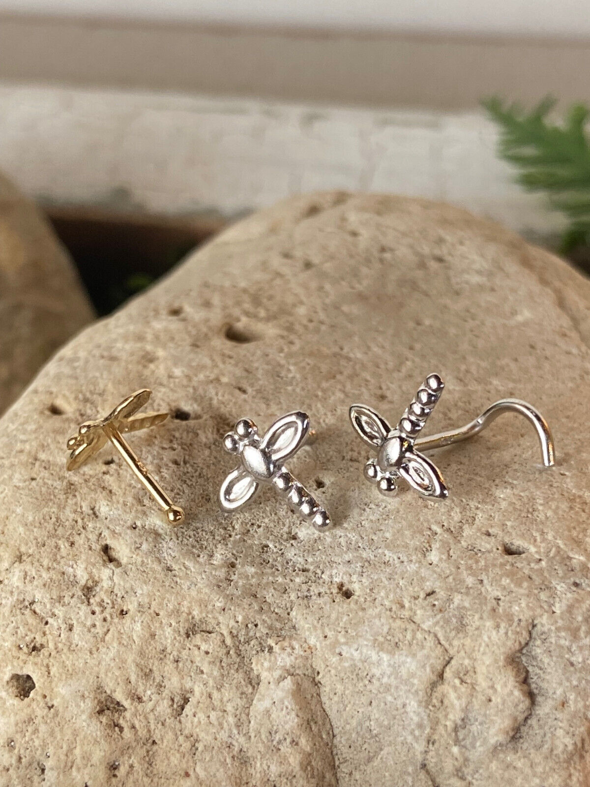 14kt Solid Gold Dragonfly Nose Ring 20g Yellow or White, Screw or Stud / Bone
